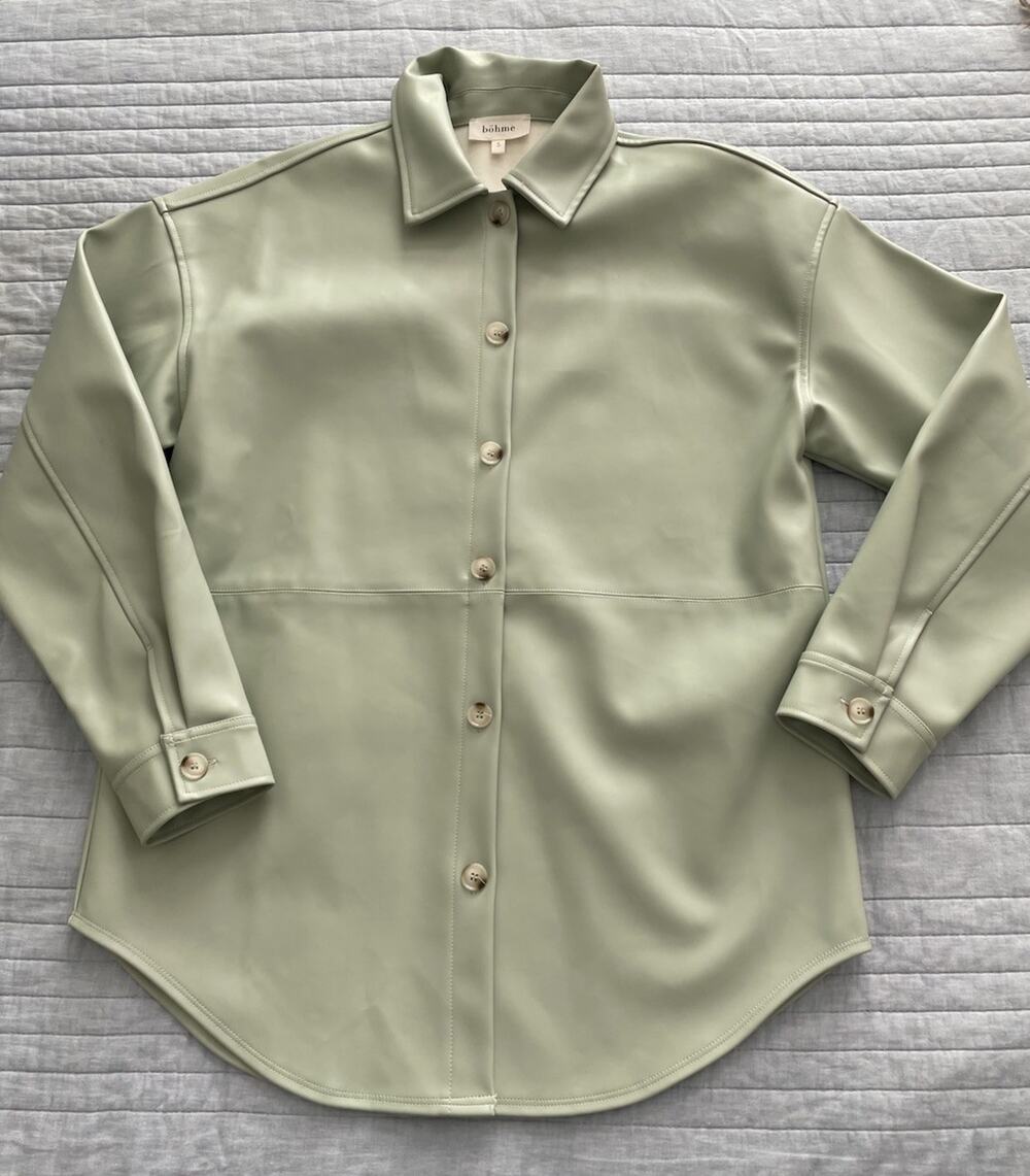 Böhme Womens Size Small Lt Green Vegan Faux Leather Shacket Jacket Snap Front 01